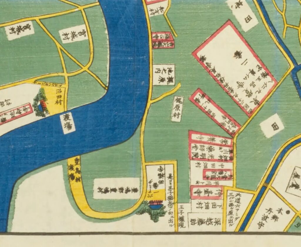 尾張屋版『根岸谷中辺絵図』の六阿弥陀・西行庵・東覚寺・田端方面の拡大図