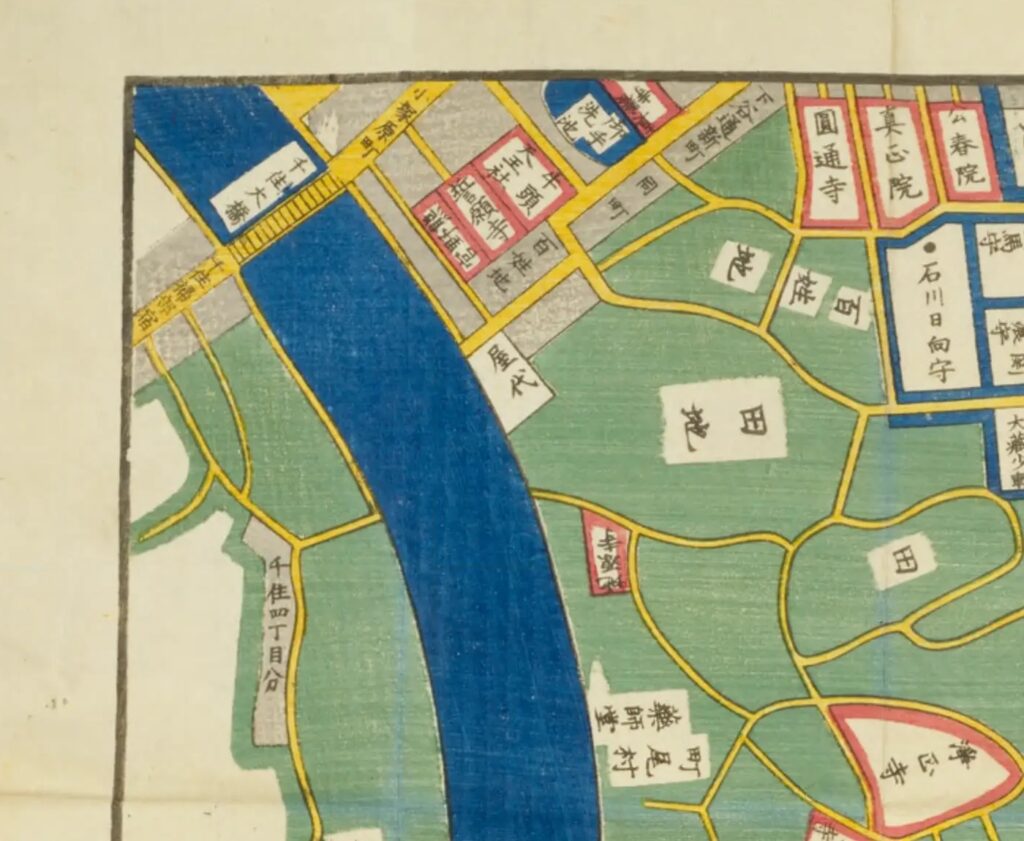 尾張屋版『根岸谷中辺絵図』の千住大橋・小塚原・円通寺周辺の拡大図