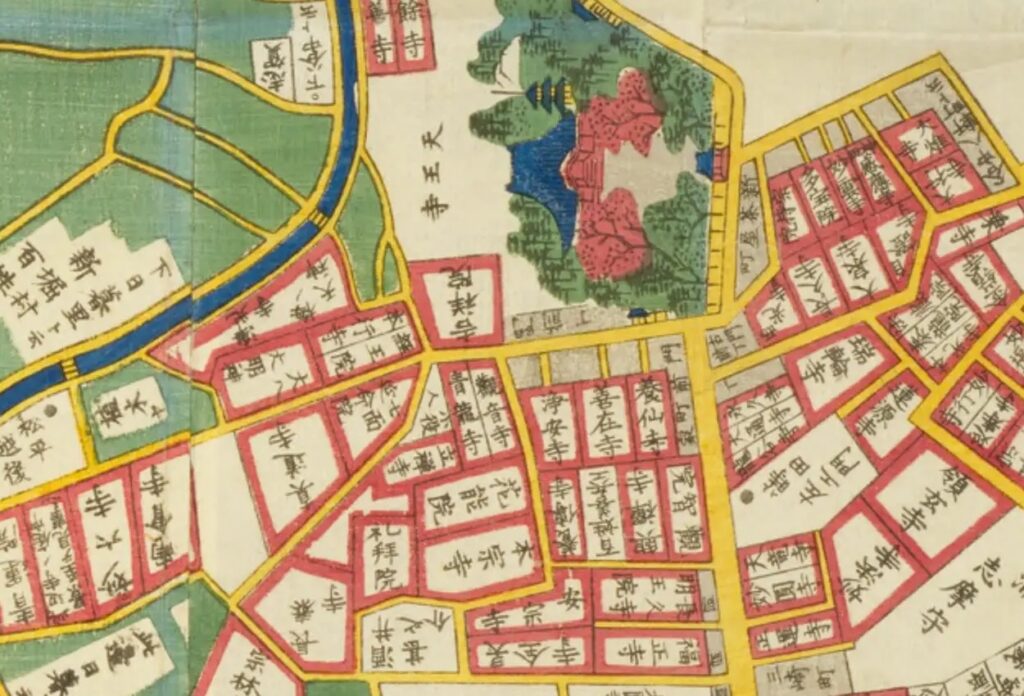 尾張屋版『根岸谷中辺絵図』の天王寺・感応寺・谷中寺町・七面延命院周辺の拡大図