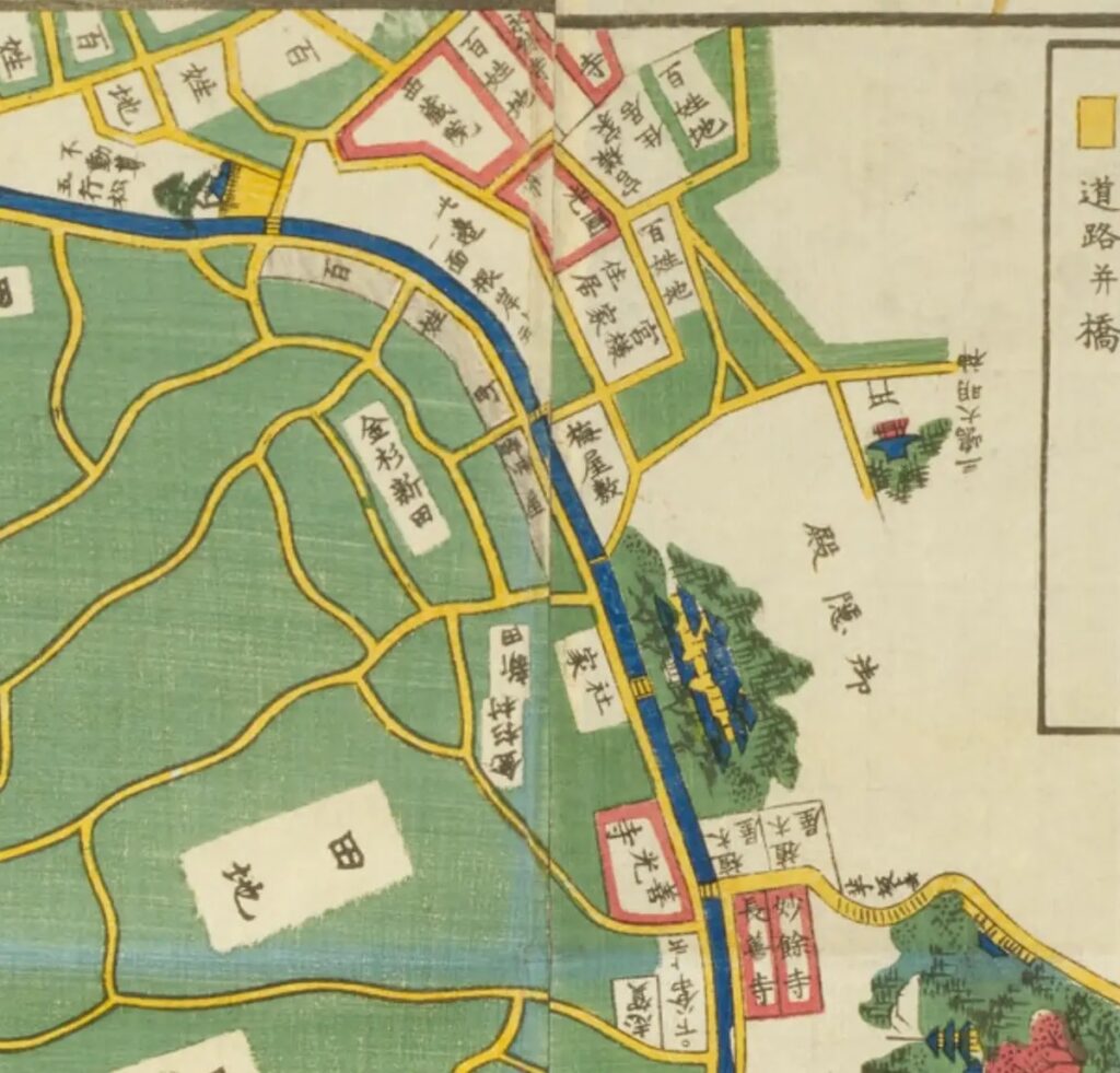 尾張屋版『根岸谷中辺絵図』の笹乃雪・五行松・御隠殿・梅屋敷・芋坂周辺の拡大図