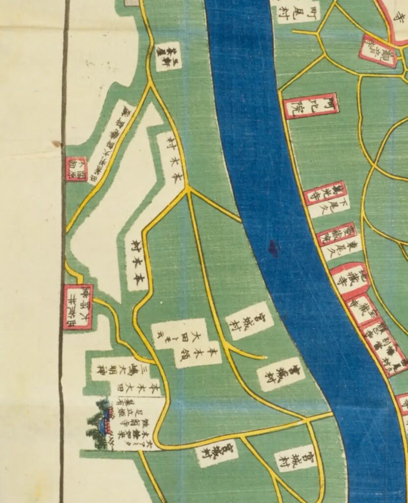 尾張屋版『根岸谷中辺絵図』の西新井大師・関原不動・五軒茶屋周辺の拡大図