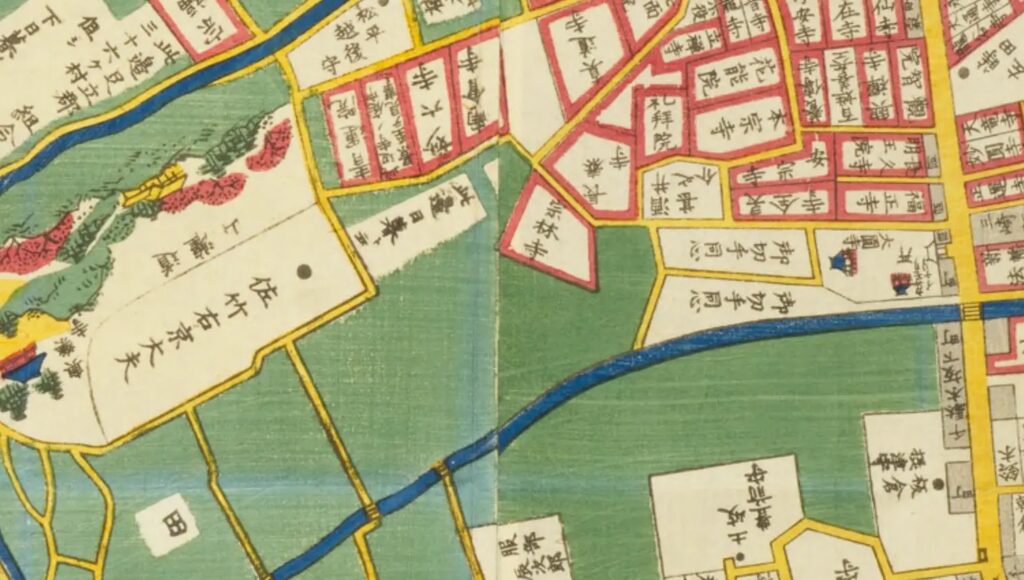 尾張屋版『根岸谷中辺絵図』の道灌山・日暮里・寺庭景観・笠森稲荷周辺の拡大図