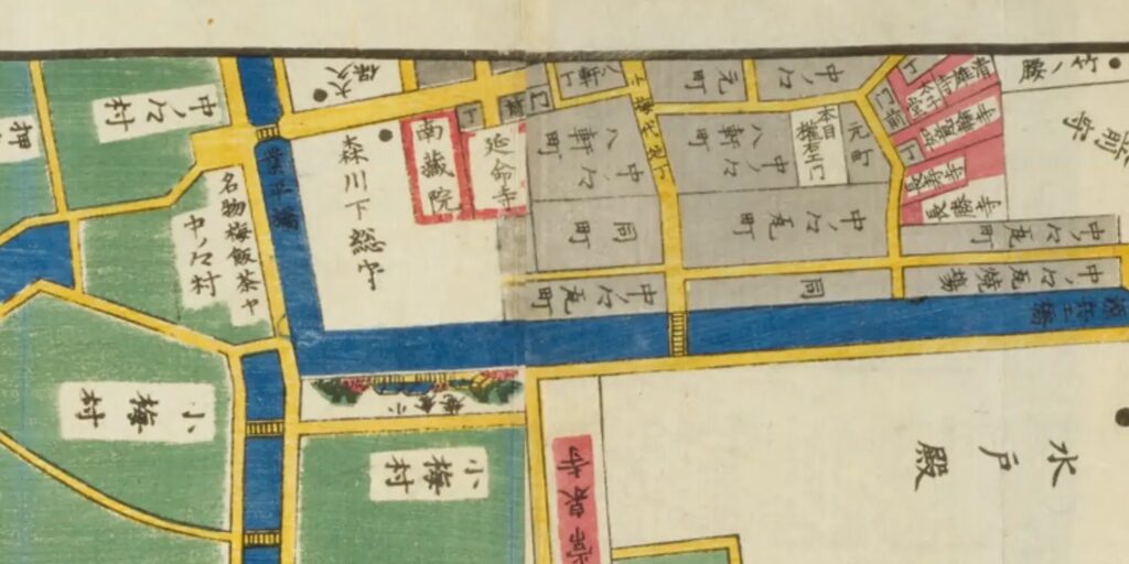尾張屋版「隅田川向島絵図」の吾妻橋・中ノ郷瓦焼場・名物梅飯茶屋周辺