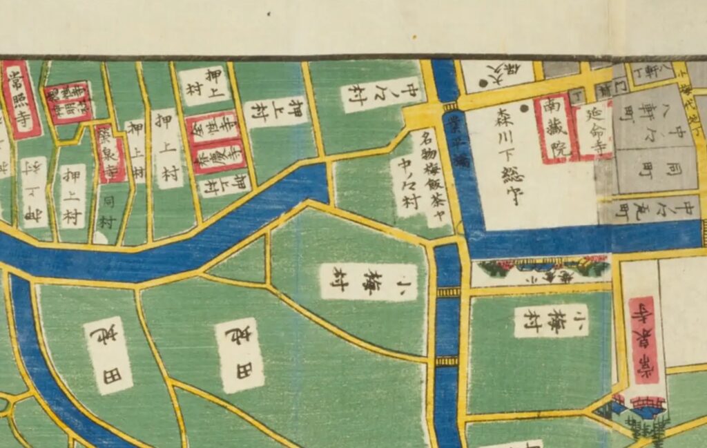 尾張屋版「隅田川向島絵図」の押上村・小梅村・業平橋周辺