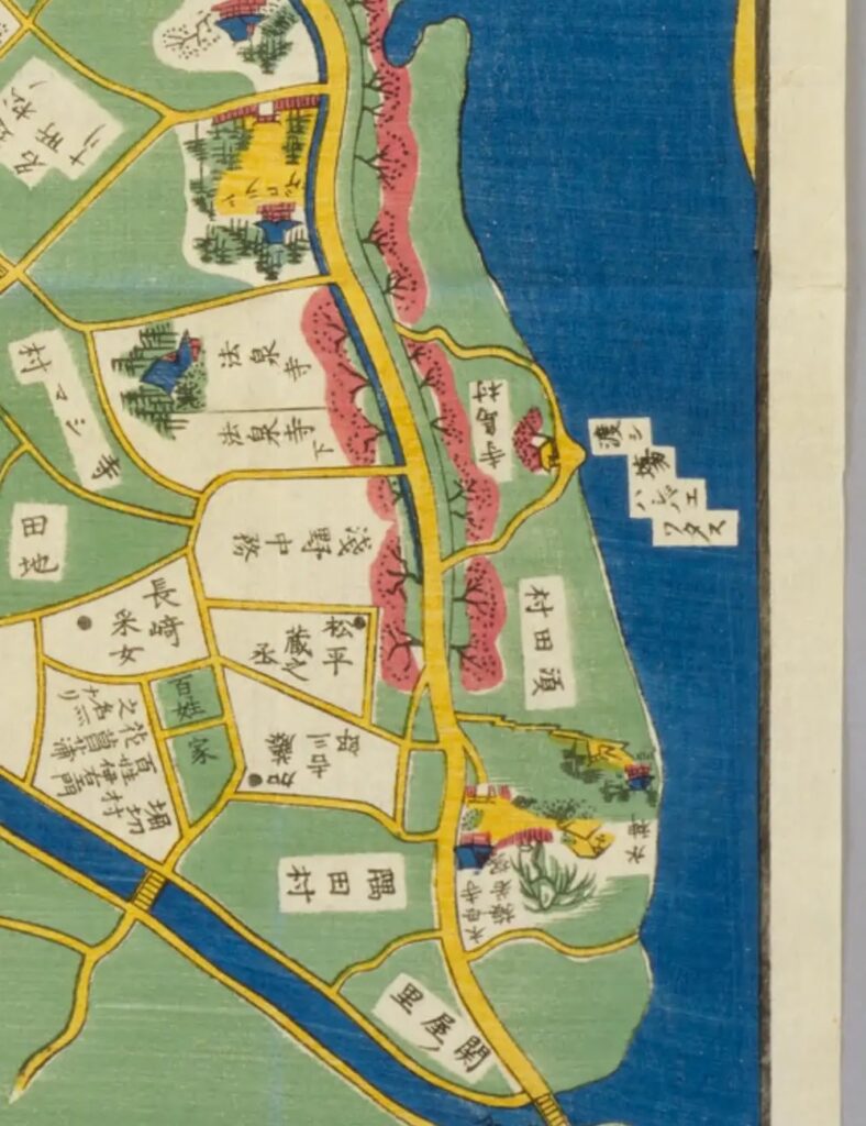 尾張屋版「隅田川向島絵図」の白鬚神社・橋場への渡し・木母寺梅若塚・関屋ノ里周辺