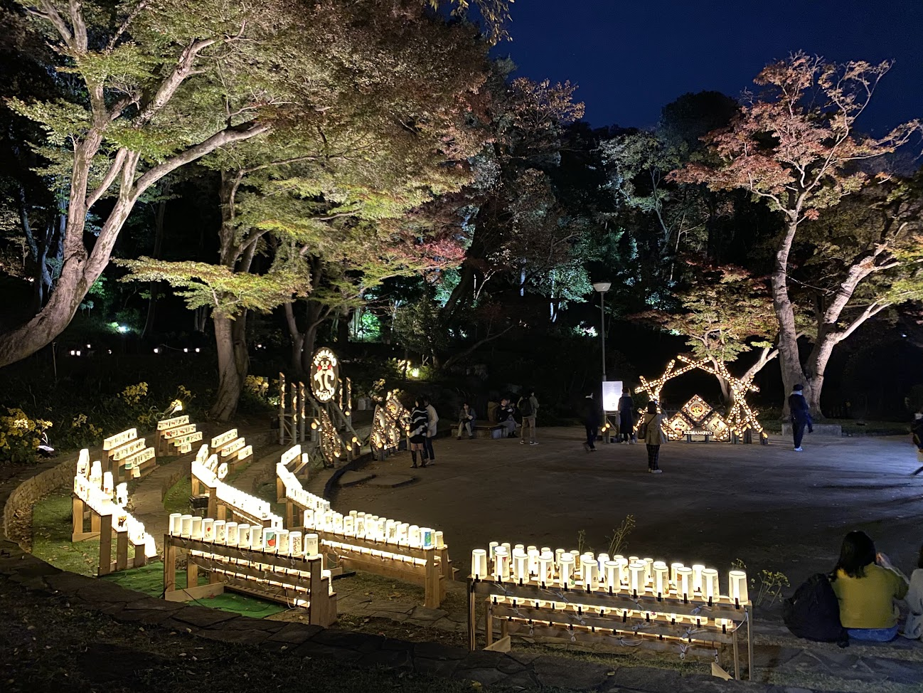 庭園の紅葉の下に置かれた竹あかり展示
