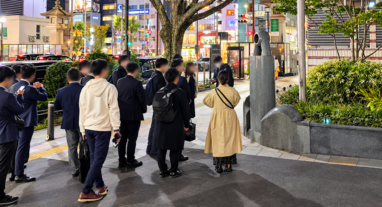 表参道駅近くの平和記念碑「和をのぞむ」に立ち寄る参加者