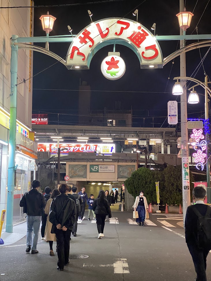 夜の駒込アザレア通り商店街の入口アーチ