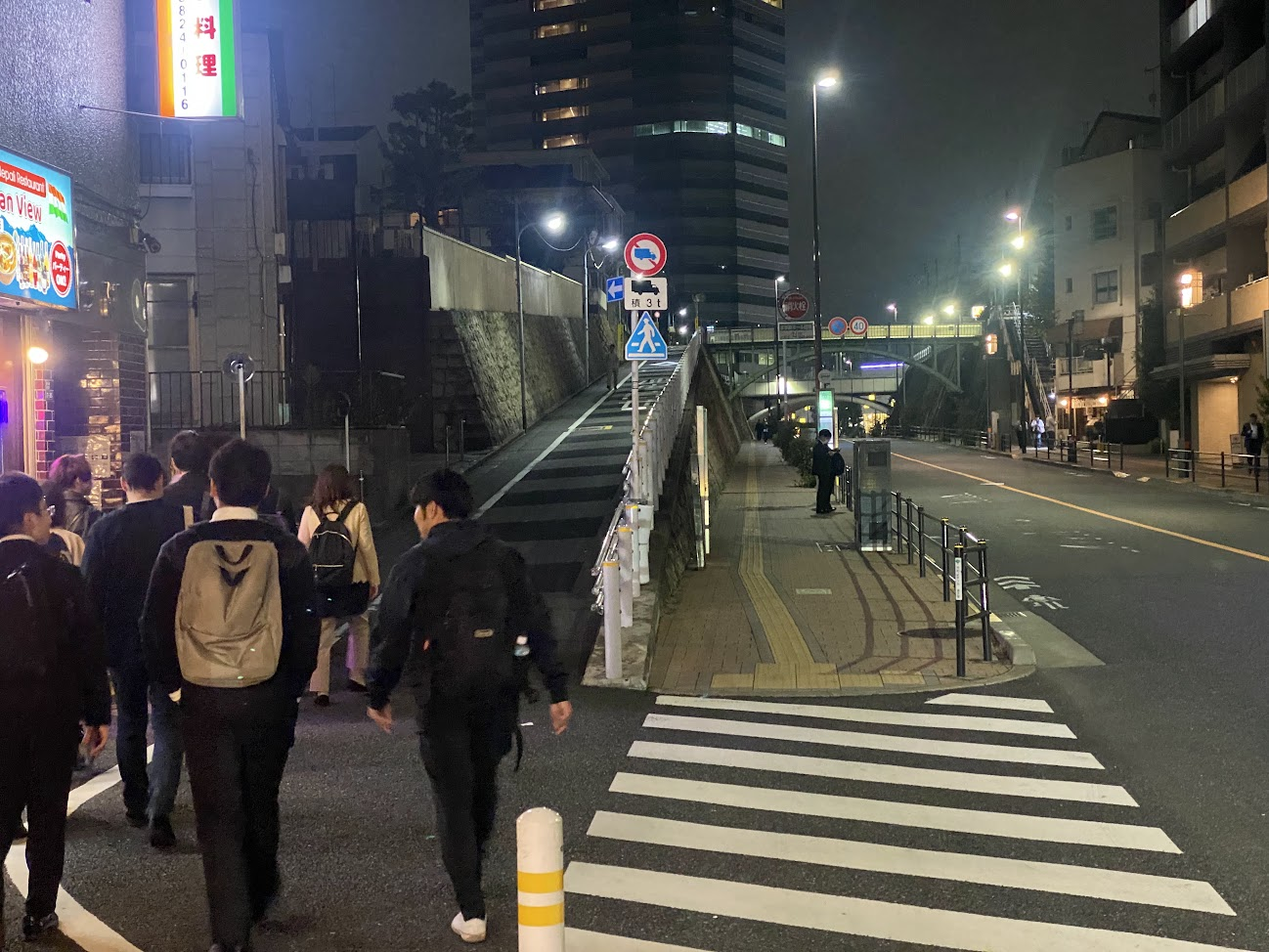 田端切通し付近の石垣と高架橋が見える夜の道路を歩く参加者
