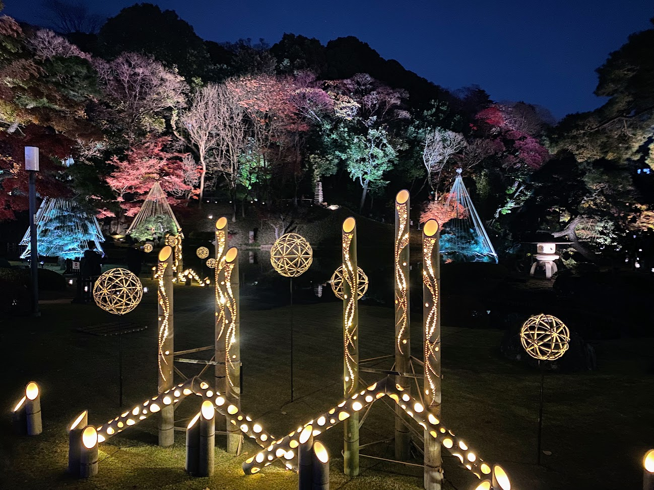 肥後細川庭園の竹あかりと紅葉の夜間ライトアップ