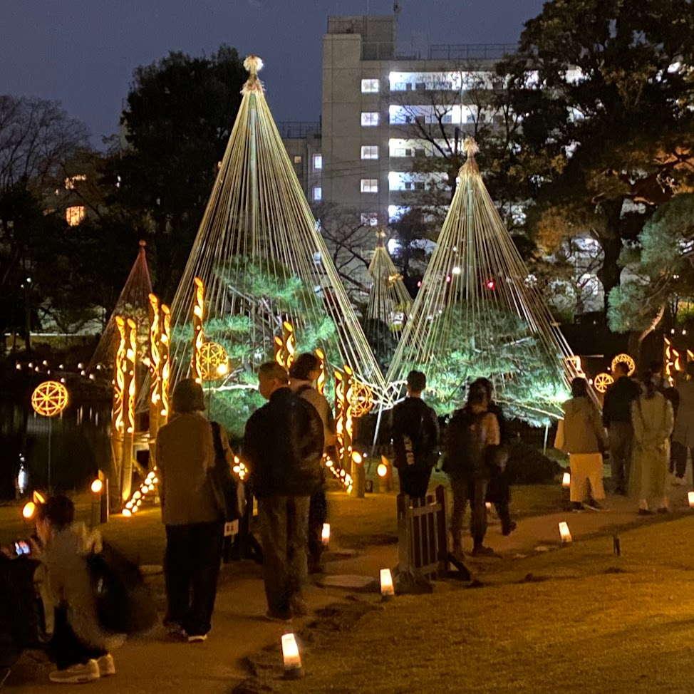 肥後細川庭園の雪吊り・竹あかりと来園者