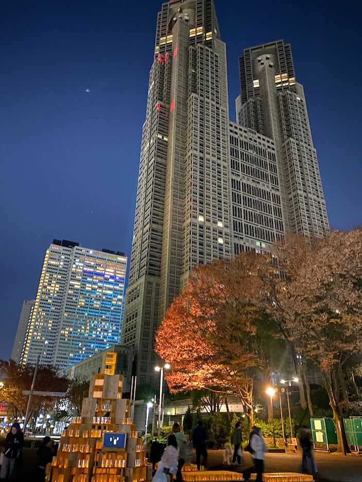 東京都庁を背景にした新宿中央公園のキャンドルナイト