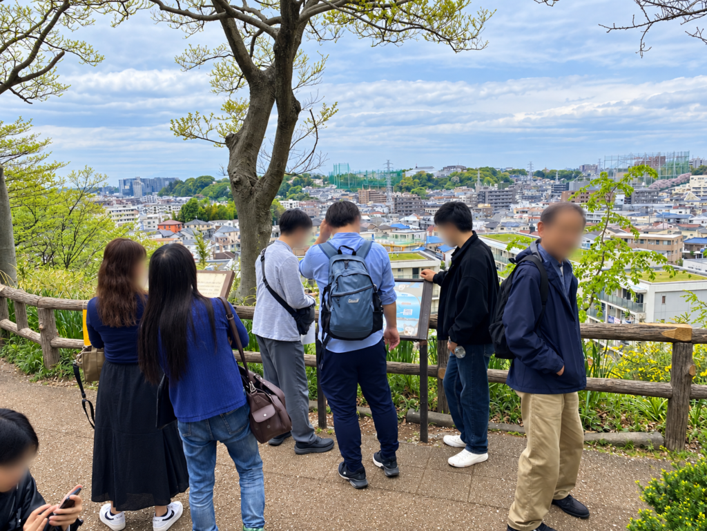 夢見ヶ崎動物公園の高台から市街地を眺める散歩参加者と春の景色