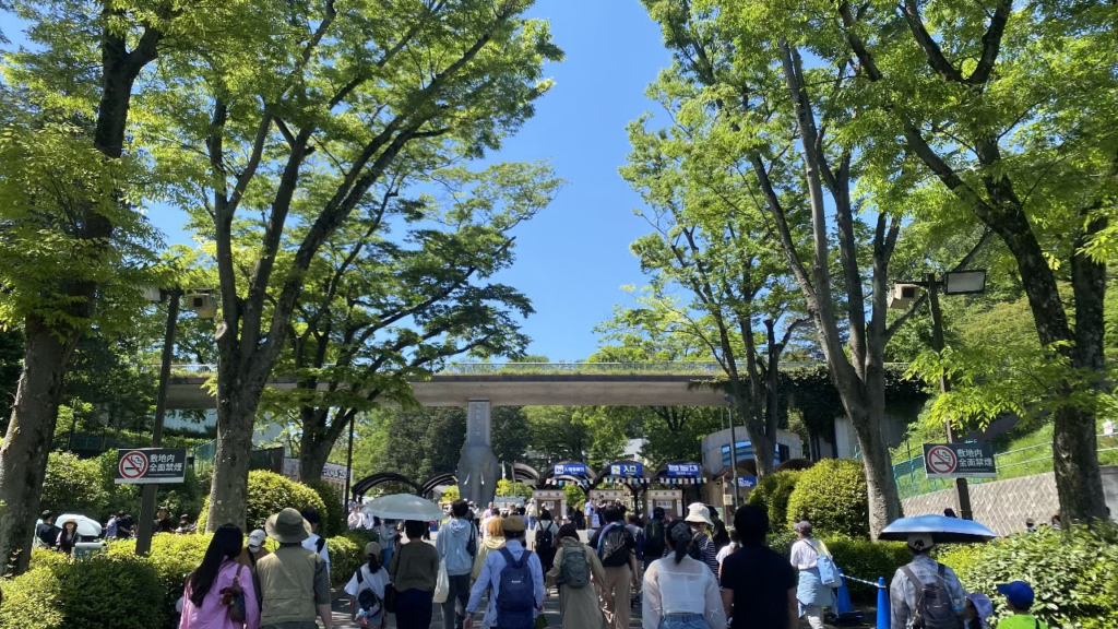2026年5月5日の多摩動物公園正門付近、開園記念日の無料入園でにぎわう来園者と新緑