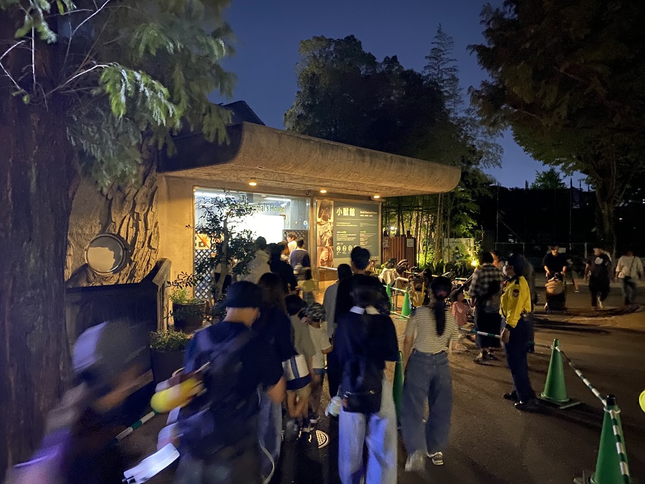 秋の夜の上野動物園で混雑する小獣館の入口