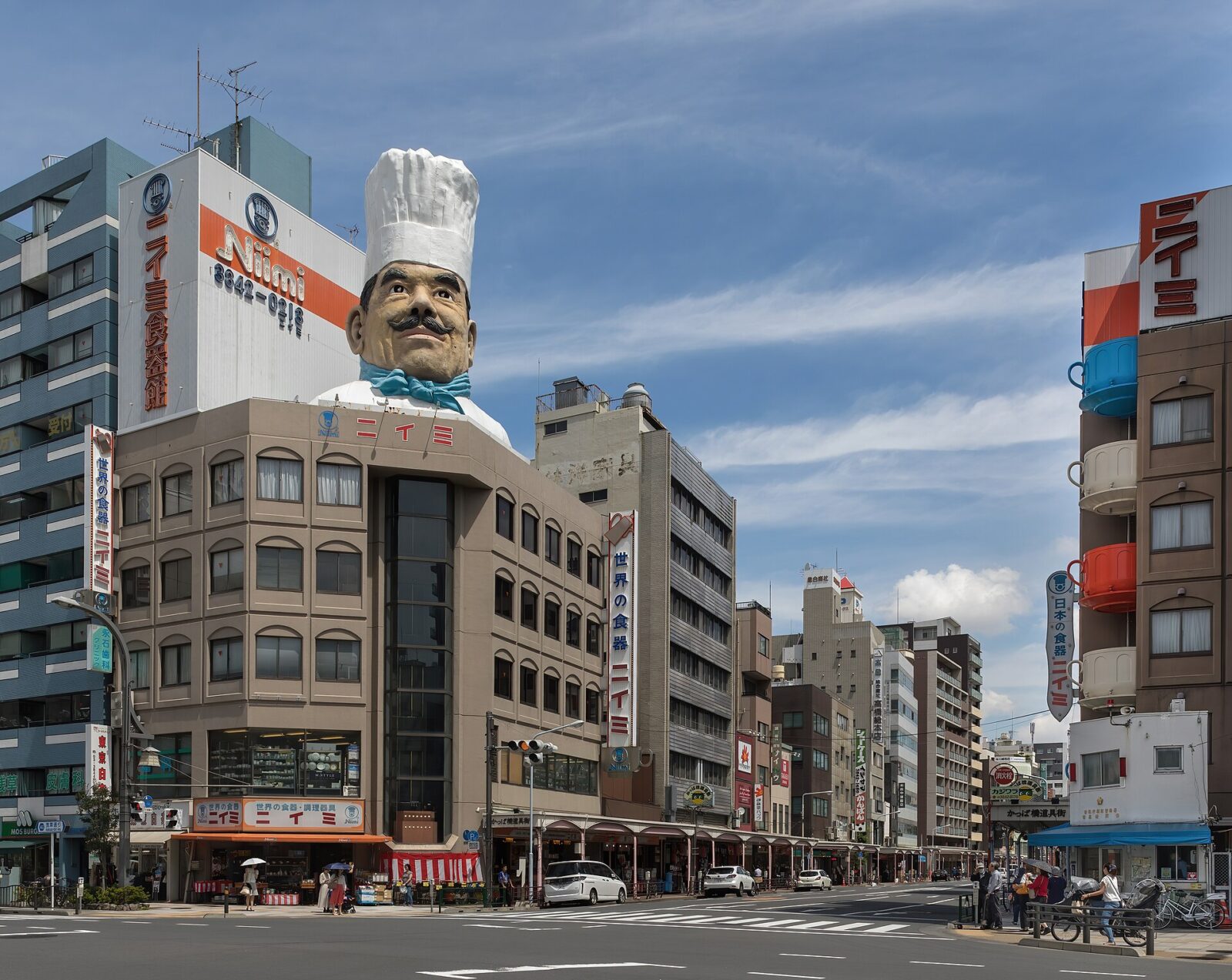 浅草かっぱ橋道具街南端の街角。厨房用具店が並ぶ商店街の街並み